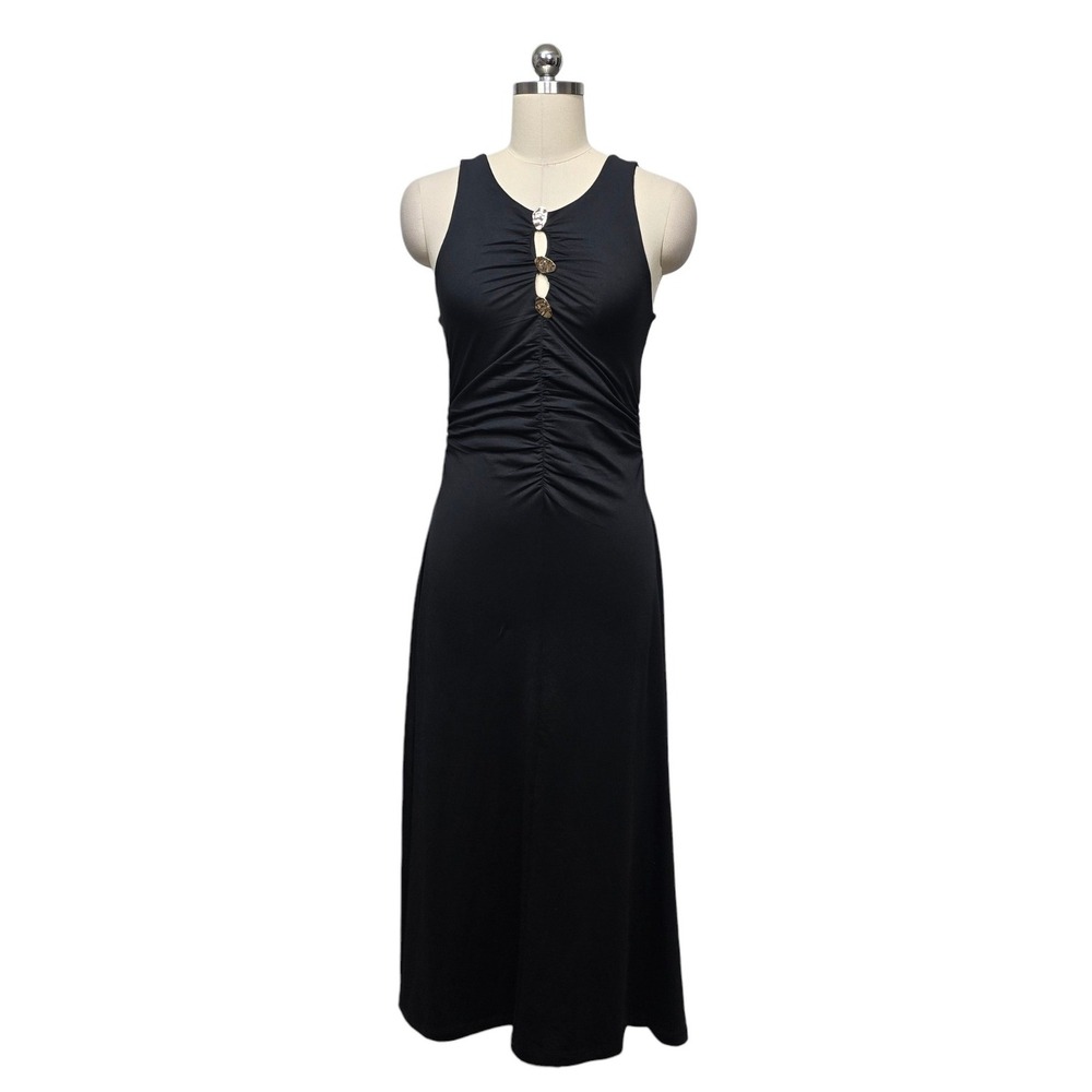 Anthropologie Black Ruched Keyhole Maxi Dress Sleeveless Gold Hardware Size‎ S